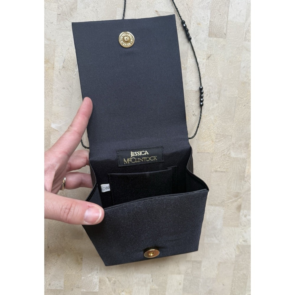 Jessica McClintock VTG Womens Small Square Evening Bag Black Satin Floral Beaded - Picture 4 of 9